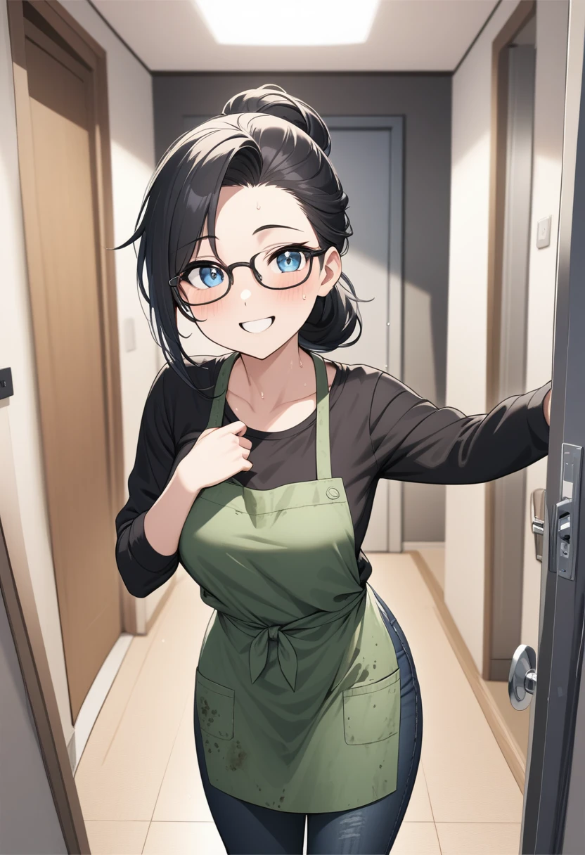 Adult female, highly detailed, glasses, short black hair style tied back, blue eyes, smile, apartment entry, green dirty apron, black shirt, black jeans, perfect eyes, high quality, happy, sweaty, answering door, highly detailed living room background, expressive eyes