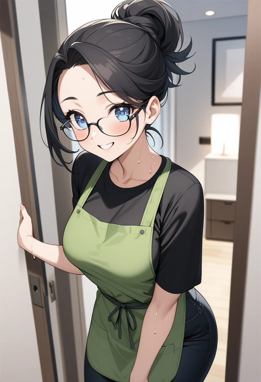 Adult female, highly detailed, glasses, short black hair style tied back, blue eyes, smile, apartment entry, green dirty apron, black shirt, black jeans, perfect eyes, high quality, happy, sweaty, answering door, highly detailed living room background, expressive eyes