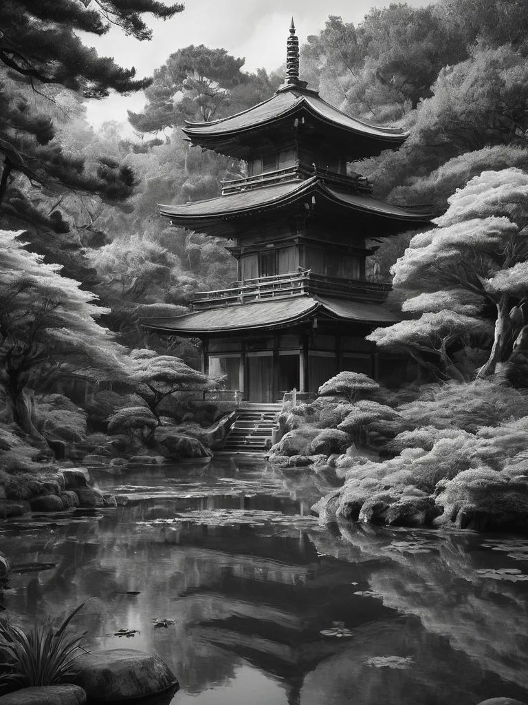 Impresionante boceto en grafito en blanco y negro de templos japoneses en un jardín japonés., toma panorámica, en pose dinámica, por Anna Razumovskaya, (por Alyssa Monks:1.1), por José Lorusso, by Lilia Alvarado, hermosa iluminación, enfoque nítido, 8K, alta resolución, (pores:0.1), (sudoroso:0.8), obra maestra, nikon z9, fotografía premiada, --con 16:9 --estilo crudo --estilizar 750 --niji 6, composición perfecta, hermoso detallado intrincado increíblemente de