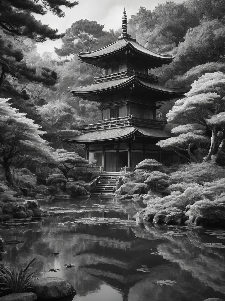 stunning black and white graphite sketch of Japanese temples in a Japanese garden, panoramic shot, in dynamic pose, by Anna Razumovskay, (by Alyssa Monks:1.1), by Joseph Lorusso, by Lilia Alvarado, beautiful lighting, sharp focus, 8k, high res, (pores:0.1), (sweaty:0.8), Masterpiece, Nikon Z9, Award - winning photograph, --ar 16:9 --style raw --stylize 750 --niji 6, perfect composition, beautiful detailed intricate insanely de