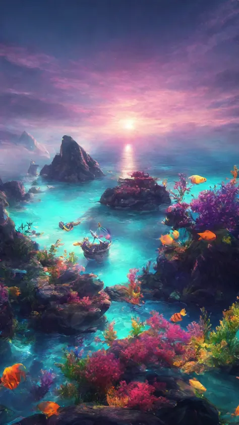 Mysterious Ocean、Highest quality、3DCG illustration、Digital Art、Fantasy、neon