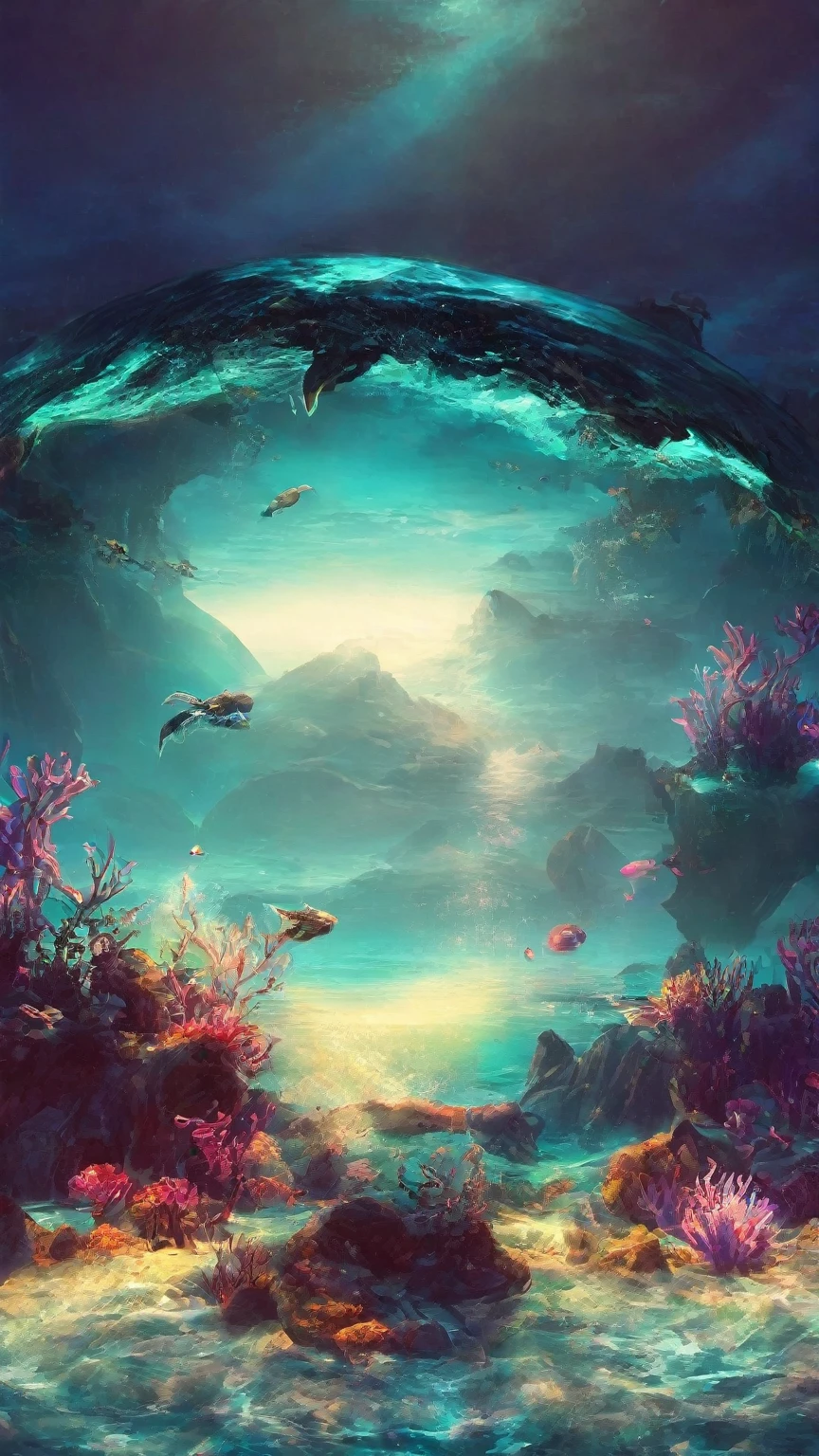 Mysterious Ocean、Highest quality、3DCG illustration、Digital Art、Fantasy、neon