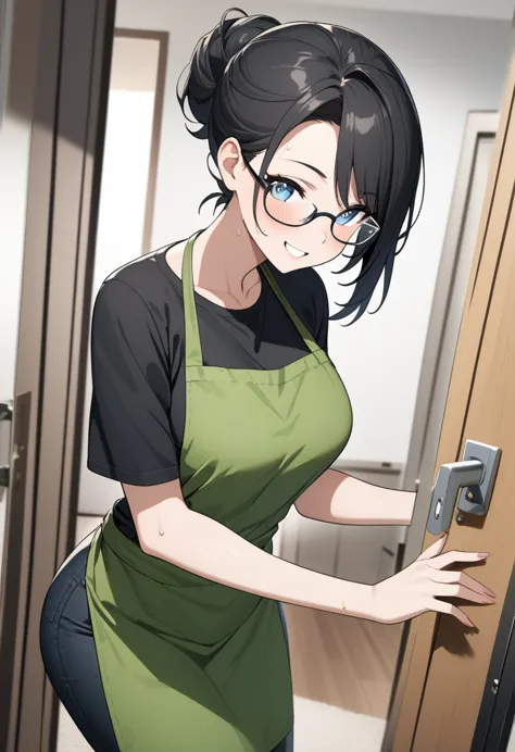 adult female, highly detailed, glasses, short black hair style tied back, blue eyes, smile, apartment entry, green dirty apron, ...