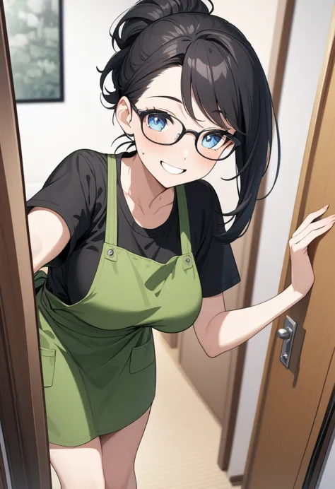 adult female, highly detailed, glasses, short black hair style tied back, blue eyes, smile, apartment entry, green dirty apron, ...