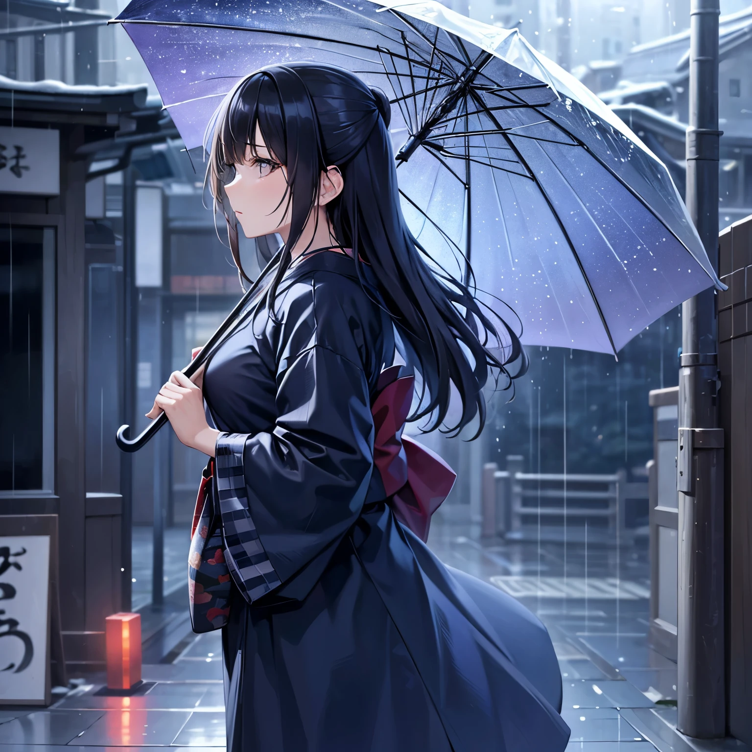 (best quality,8k,highres, masterpiece:1.2), (anime style),ultra-detailed, HDR, UHD, studio lighting, ultra-fine painting, sharp focus, physically-based rendering, extreme detail description, professional, vivid colors, bokeh, portraits, concept artists, warm color palette, dramatic lighting,rainy night,1 beautiful woman,(blue checkered pattern kimono),side view,walking japanese street,twinkled neon sign,Heavy rain, rain shining on neon signs,dark night,holding an umbrella,