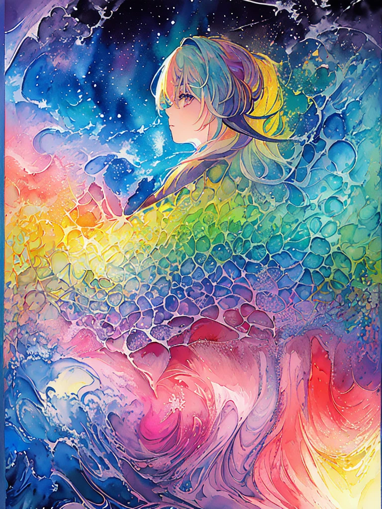 (masterpiece, top quality, best quality,watercolor (medium),official art, beautiful and aesthetic:1.2),(1girl:1.3), (fractal art:1.3),upper body, from side, looking at viewer,patterns,(rainbow color Hair,colorful hair,half blue and half pink hair:1.2),water,liquid, cloud,colorful, starry,stars, hatsune miku