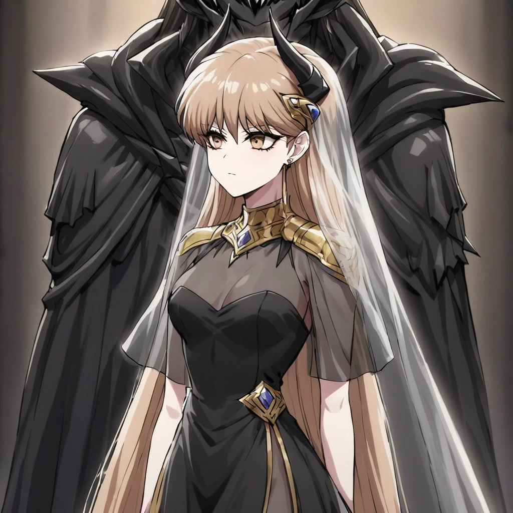 ((Highest quality)), ((masterpiece)), (detailed), （Perfect Face）、The woman is a demon, Princess Leona, the Demon Queen, with medium-long light brown hair. She is wearing a gorgeous black demon dress decorated with gold, a black see-through veil, a see-through cape, and many luxurious jewelry accessories. She is standing next to a man who is the dignified demon lord of an evil organization.、Women are brainwashed, expressionless, and have no highlights in their eyes.、The woman is with the powerful demon king of an evil organization.、The powerful demon king of the evil organization embraces the woman.