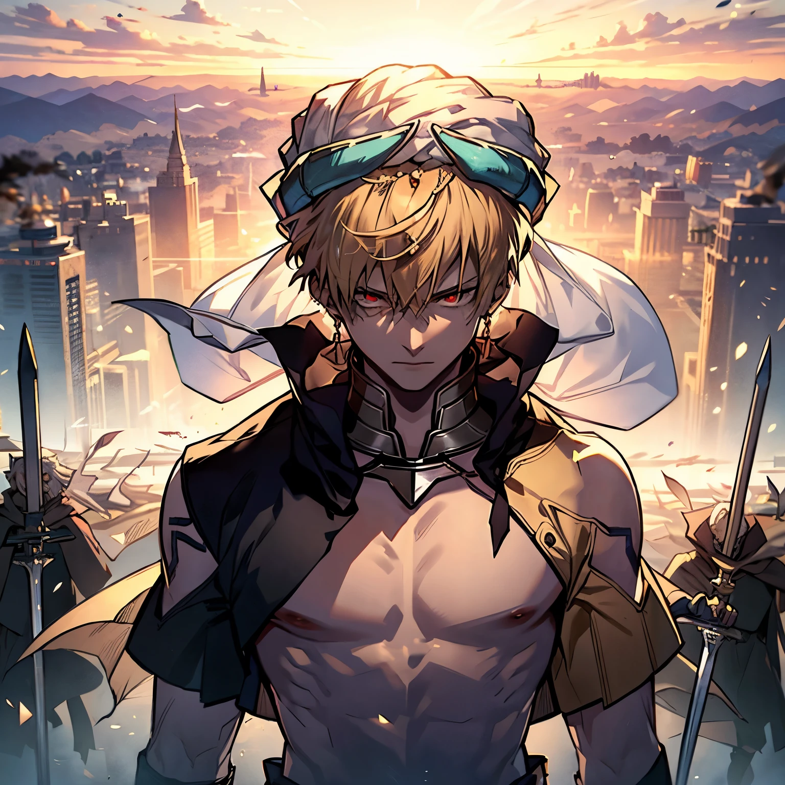 8K, Mouthpiece, ((One Beautiful Man)),((Fate Stay Night Drawing)), Gilgamesh Male Solo, emperor, whole body, Fighting on a desolate hilltop, Visibility is poor due to dust, ((One Beautiful Man)), ((Red eyes)), Long Hair, Blonde, Wrap a turban on your head, (Background: Countless swords floating in the air, all facing the same direction, Many types of swords), 