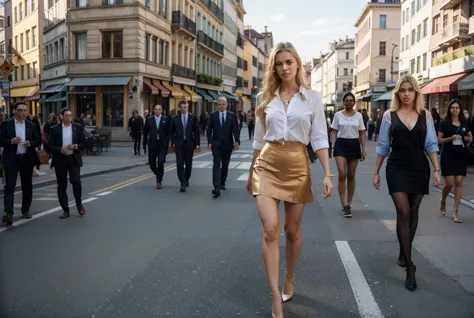 beautiful elegant blonde business woman walking on the street in Geneva, wearing a micro skirt, crowded street, people looking a...
