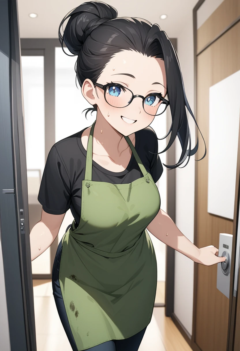 Adult female, highly detailed, glasses, short black hair style tied back, blue eyes, smile, apartment entry, green dirty apron, black shirt, black jeans, perfect eyes, high quality, happy, sweaty, answering door, highly detailed living room background, expressive eyes