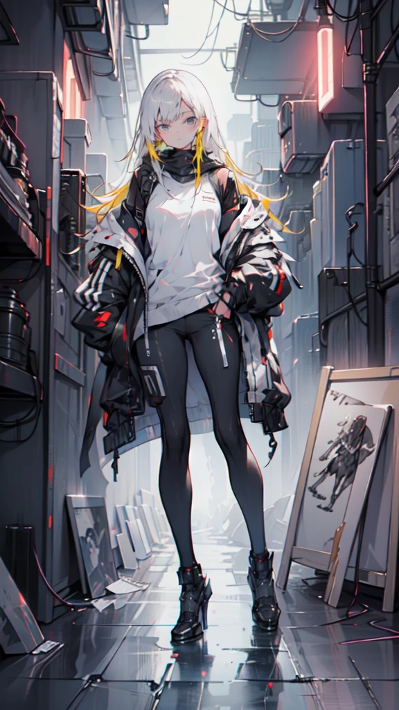 1 girl, long Yellow hair , cyberpunk, blue eyes, high heels, hand in pocket, best quality, 4k, 8k, highres, masterpiece:1.2, ultra-detailed, realistic, photorealistic, photo-realistic:1.37, HDR, UHD, studio lighting, ultra-fine painting, sharp focus, physically-based rendering, extreme detail description, professional, vivid colors, bokeh, cyberpunk, science fiction, neon lights, dark atmosphere, dramatic lighting