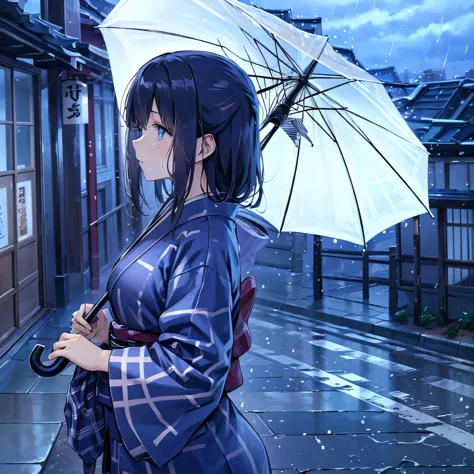 (best quality,8k,highres, masterpiece:1.2), (anime style),ultra-detailed, HDR, UHD, studio lighting, ultra-fine painting, sharp focus, physically-based rendering, extreme detail description, professional, vivid colors, bokeh, portraits, concept artists, warm color palette, dramatic lighting,rainy night,1 beautiful woman,(blue checkered pattern kimono),side view,walking japanese street,twinkled neon sign,Heavy rain, rain shining on neon signs,dark night,holding an umbrella,