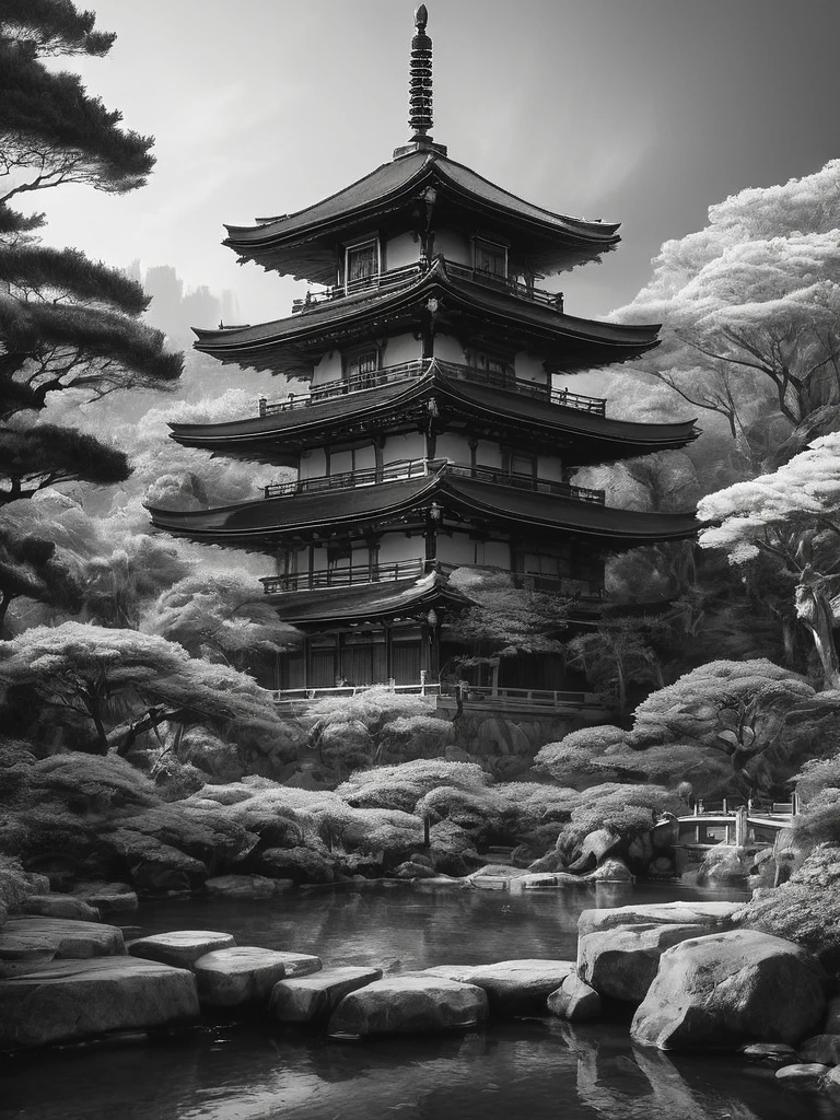 Un magnifique croquis au graphite en noir et blanc de temples japonais dans un jardin japonais, prise de vue panoramique, en pose dynamique, par Anna Razumovskaïa, (par Alyssa Monks:1.1), par Joseph Lorusso, par Lilia Alvarado, bel éclairage, netteté, 8k, haute résolution, (pores:0.1), (en sueur:0.8), chef-d&#39;œuvre, Nikon Z9, photographie primée, --avec 16:9 --style brut --styliser 750 --niji 6, composition parfaite, beau détaillé complexe incroyablement de