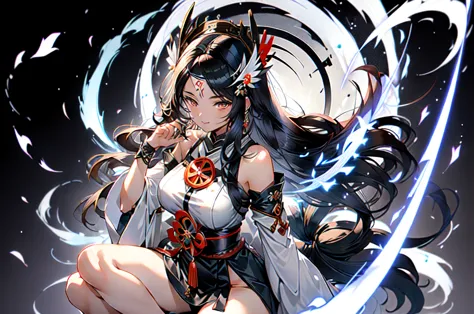 Anime-style illustration of a majestic miko with very long, flowing black hair, emitting, featuring Amaterasu, with a dark aura,...