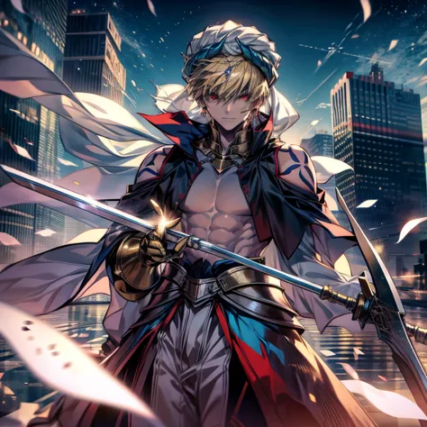 8k, mouthpiece, ((one beautiful man)),((fate stay night drawing)), gilgamesh male solo, emperor, whole body, fighting on a desol...