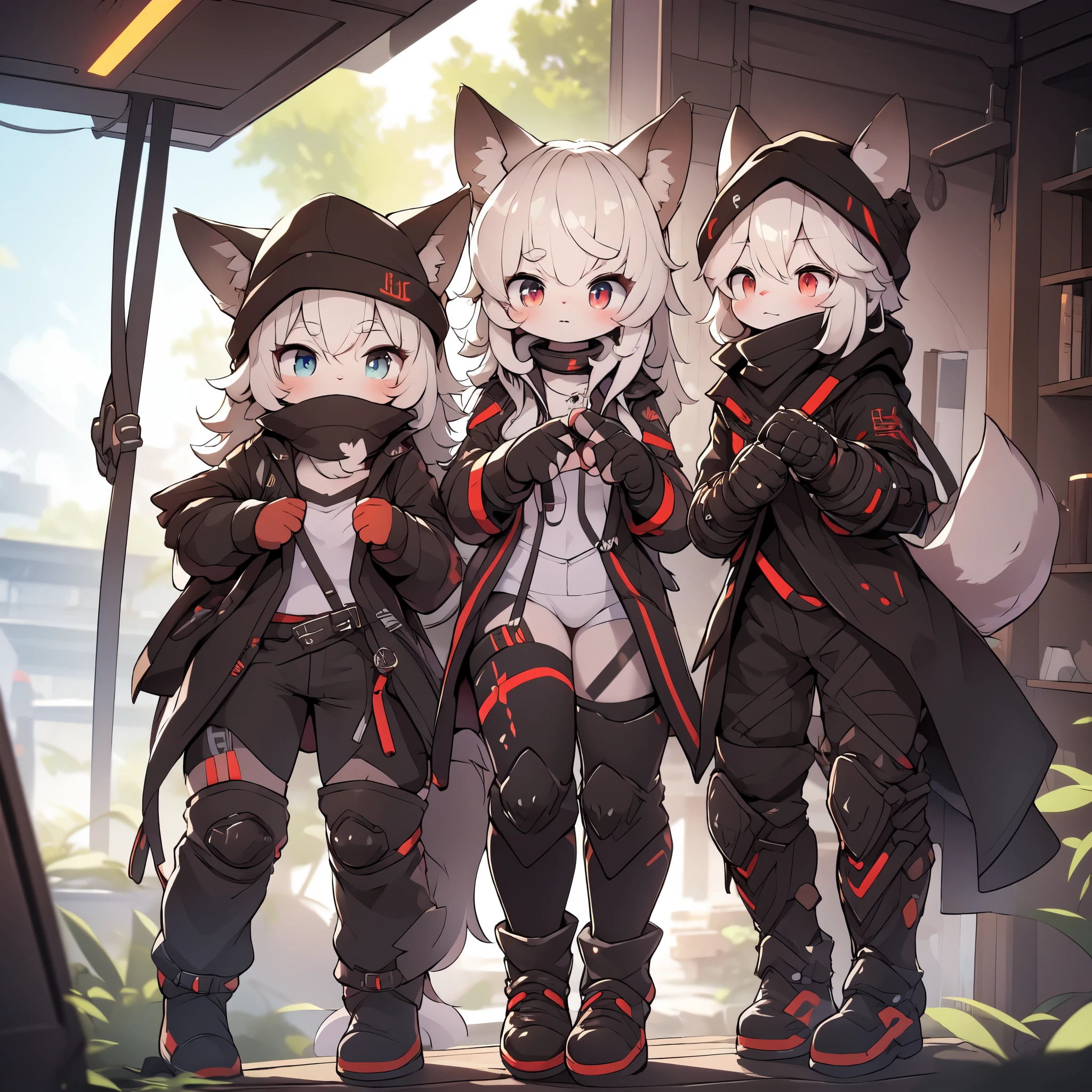 Kawaii, Striped Fluffy Fox, emaciated, long hair, 3girls, artificial synthetic skin, life support prosthetics, digital headphones, black tight latex bodysuit, white long dress, thigh-high-socks, shorts, loose off-the-shoulder hood open jacket, holsters in thigh, Mechanical boots, tactical knee pads, tactical belted loose Arm Sleeves, cybernetic Display gloves, chest rigs, tactical belts, blue archive halo, bulletproof goggles on forehead, from Ark nights, ray tracing, depth of field, bloom, masterpiece, ccurate, high details, highres