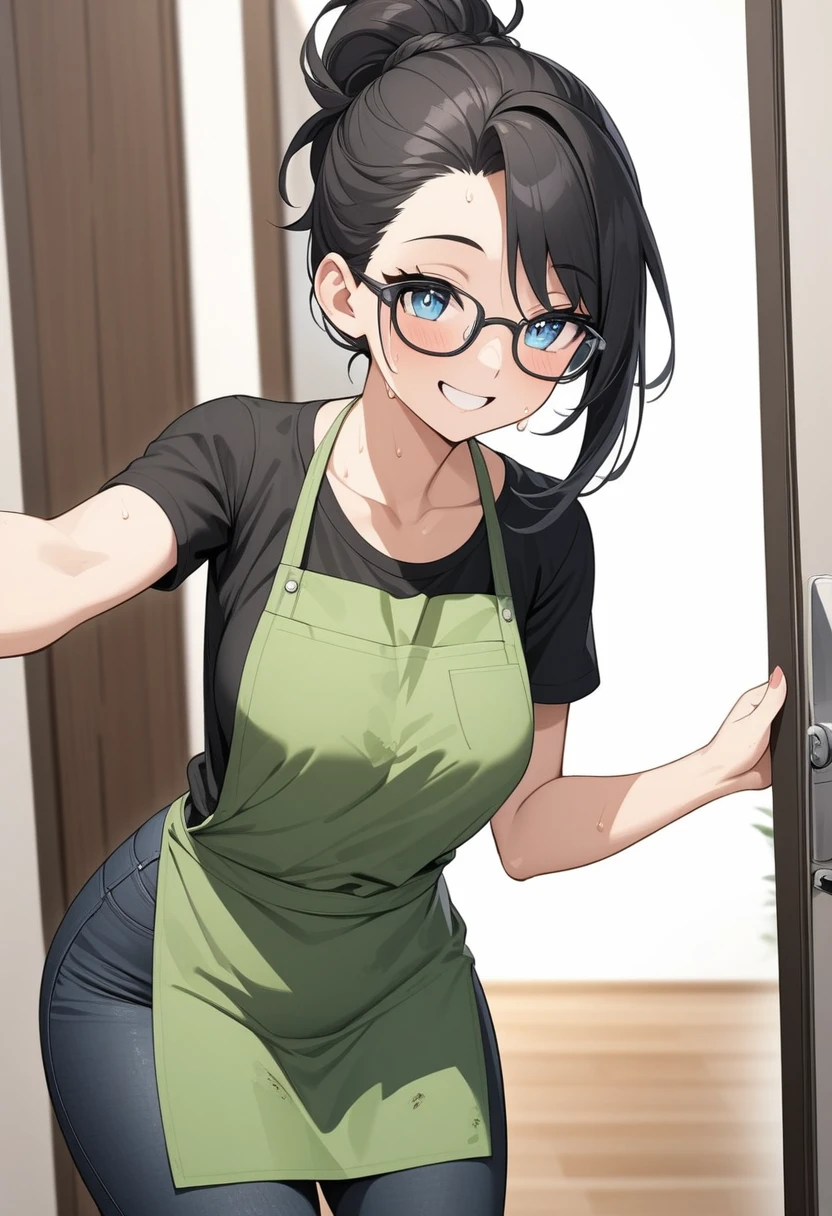 Adult female, highly detailed, glasses, short black hair style tied back, blue eyes, smile, apartment entry, green dirty apron, black shirt, black jeans, perfect eyes, high quality, happy, sweaty, answering door, highly detailed living room background, expressive eyes, breeding hips