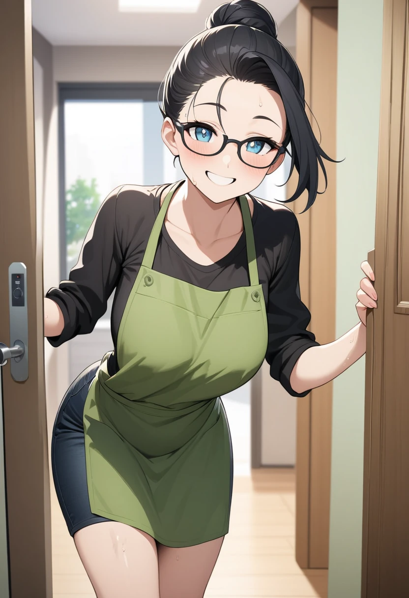 Adult female, highly detailed, glasses, short black hair style tied back, blue eyes, smile, apartment entry, green dirty apron, black shirt, black jeans, perfect eyes, high quality, happy, sweaty, answering door, highly detailed living room background, expressive eyes, breeding hips