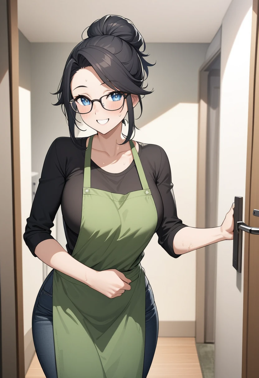 Adult female, highly detailed, glasses, short black hair style tied back, blue eyes, smile, apartment entry, green dirty apron, black shirt, black jeans, perfect eyes, high quality, happy, sweaty, answering door, highly detailed living room background, expressive eyes, breeding hips