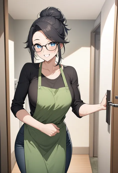 adult female, highly detailed, glasses, short black hair style tied back, blue eyes, smile, apartment entry, green dirty apron, ...