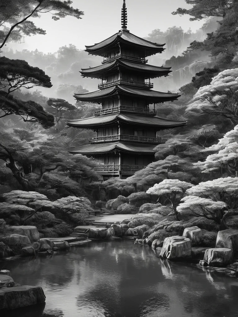 atemberaubende schwarz-weiße Graphitskizze japanischer Tempel in einem japanischen Garten, Panoramaaufnahme, in dynamischer Pose, by Anna Razumovskay, (von Alyssa Monks:1.1), von Joseph Lorusso, von Lilia Alvarado, schöne Beleuchtung, scharfer Fokus, 8k, hochauflösend, (Poren:0.1), (verschwitzt:0.8), Meisterwerk, Nikon Z9, preisgekröntes Foto, --mit 16:9 --style raw --stylize 750 --niji 6, perfekte Komposition, schöne detaillierte komplizierte wahnsinnig de