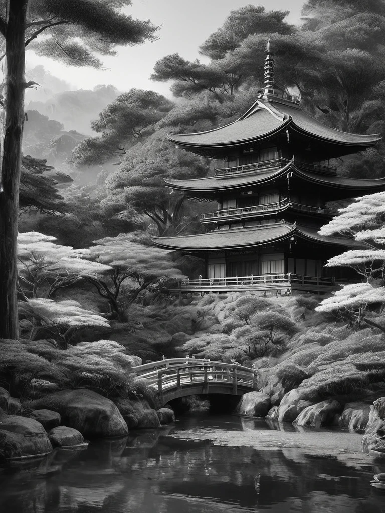 Un magnifique croquis au graphite en noir et blanc de temples japonais dans un jardin japonais, prise de vue panoramique, en pose dynamique, par Anna Razumovskaïa, (par Alyssa Monks:1.1), par Joseph Lorusso, par Lilia Alvarado, bel éclairage, netteté, 8k, haute résolution, (pores:0.1), (en sueur:0.8), chef-d&#39;œuvre, Nikon Z9, photographie primée, --avec 16:9 --style brut --styliser 750 --niji 6, composition parfaite, beau détaillé complexe incroyablement de