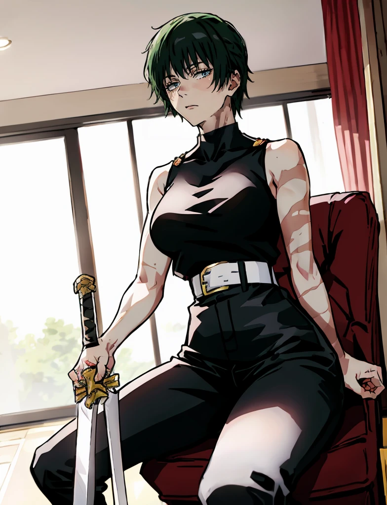 Maki Zenin LoRA, 1girl, black crop top, sleeveless shirt, black tucked pants, white belt, scar on body, short green hair, curvy body, medium breasts, fully clothed, black shoes, beautiful eyes, beautiful view, clear eyes, beautiful quality, perfect anatomy, tall, serious gaze, close up to viewer, sitting on a chair, indoors, short height, yellow eyes, holding a sword, swinging a sword, ready for combat, dangerous look, close to window, sensual seductive, erotica, perfect anatomy, slim body, short hair, 