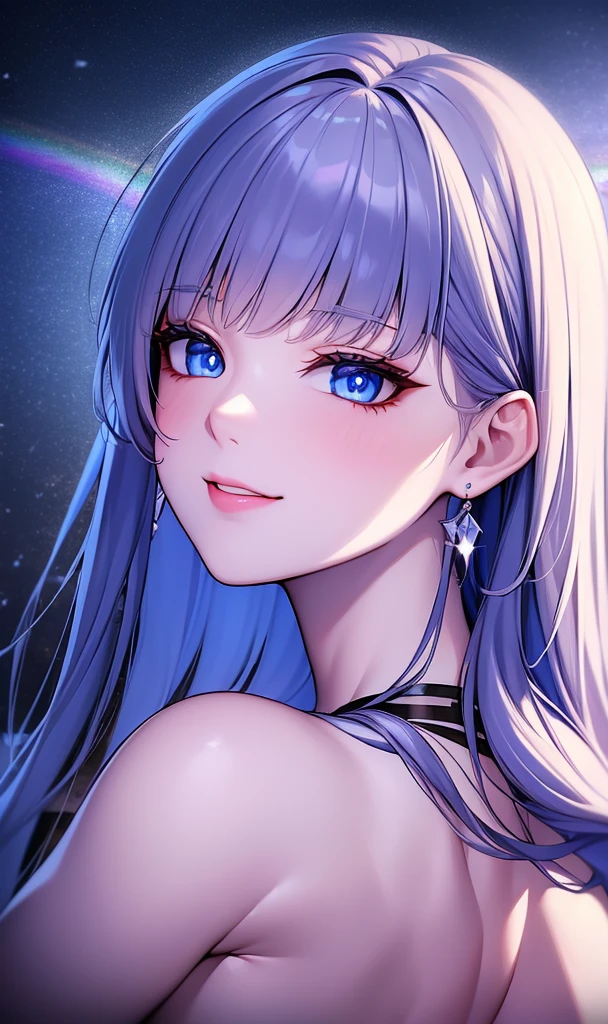 ((Masterpiece)), ((Best Quality)), (ultra detailed), ((extremely detailed)), 4k, (8k), Best Quality, (beautiful), animated style, look up from below, bar, evening, a pretty girl, 1 girl, Alone, It lasts, beautiful rainbow hair, beautiful blue eyes, ((beautiful eyes)), White skin, earrings, neck, SMILE