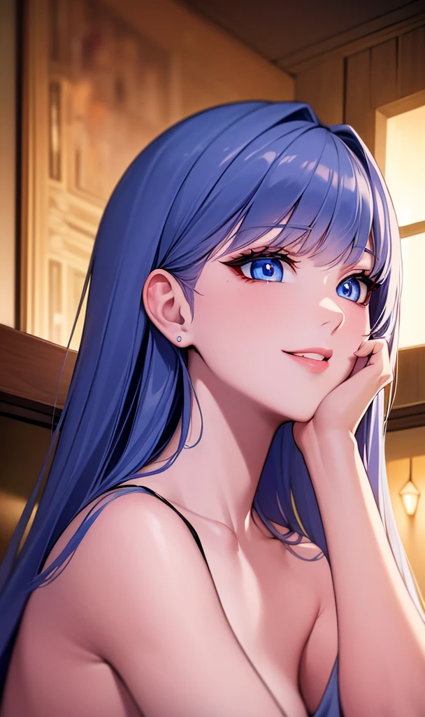 ((Masterpiece)), ((Best Quality)), (ultra detailed), ((extremely detailed)), 4k, (8k), Best Quality, (beautiful), animated style, look up from below, bar, evening, a pretty girl, 1 girl, Alone, It lasts, beautiful rainbow hair, beautiful blue eyes, ((beautiful eyes)), White skin, earrings, neck, SMILE