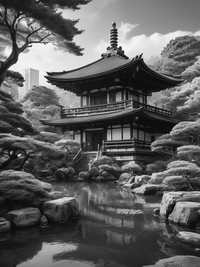 Impresionante boceto en grafito en blanco y negro de templos japoneses en un jardín japonés., toma panorámica, en pose dinámica, por Anna Razumovskaya, (por Alyssa Monks:1.1), por José Lorusso, by Lilia Alvarado, hermosa iluminación, enfoque nítido, 8K, alta resolución, (pores:0.1), (sudoroso:0.8), obra maestra, nikon z9, fotografía premiada, --con 16:9 --estilo crudo --estilizar 750 --niji 6, composición perfecta, hermoso detallado intrincado increíblemente de