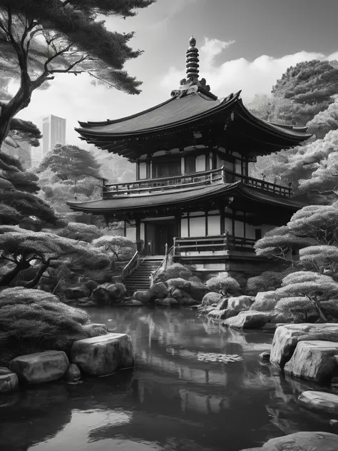 stunning black and white graphite sketch of Japanese temples in a Japanese garden, panoramic shot, in dynamic pose, by Anna Razu...