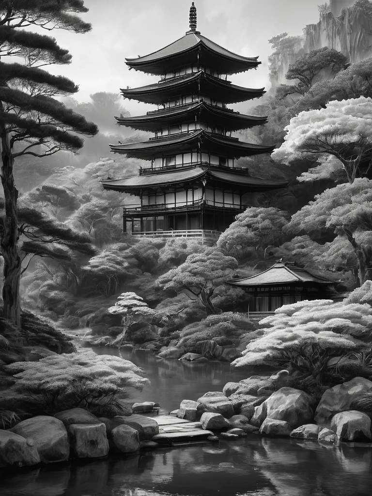 Impresionante boceto en grafito en blanco y negro de templos japoneses en un jardín japonés., toma panorámica, en pose dinámica, por Anna Razumovskaya, (por Alyssa Monks:1.1), por José Lorusso, by Lilia Alvarado, hermosa iluminación, enfoque nítido, 8K, alta resolución, (pores:0.1), (sudoroso:0.8), obra maestra, nikon z9, fotografía premiada, --con 16:9 --estilo crudo --estilizar 750 --niji 6, composición perfecta, hermoso detallado intrincado increíblemente de