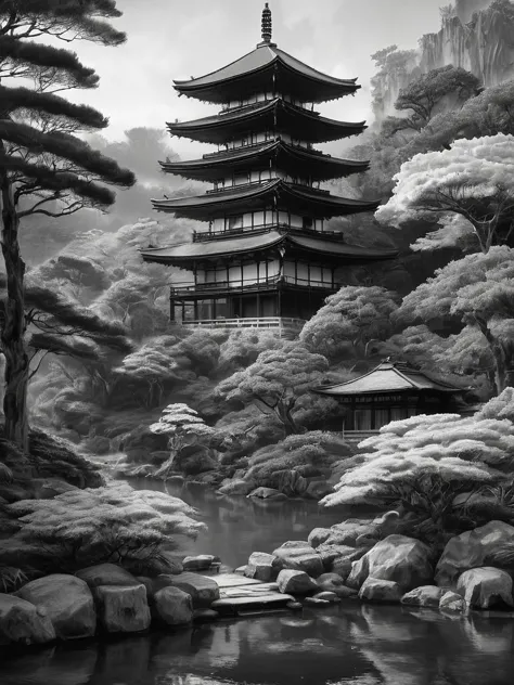 stunning black and white graphite sketch of Japanese temples in a Japanese garden, panoramic shot, in dynamic pose, by Anna Razu...