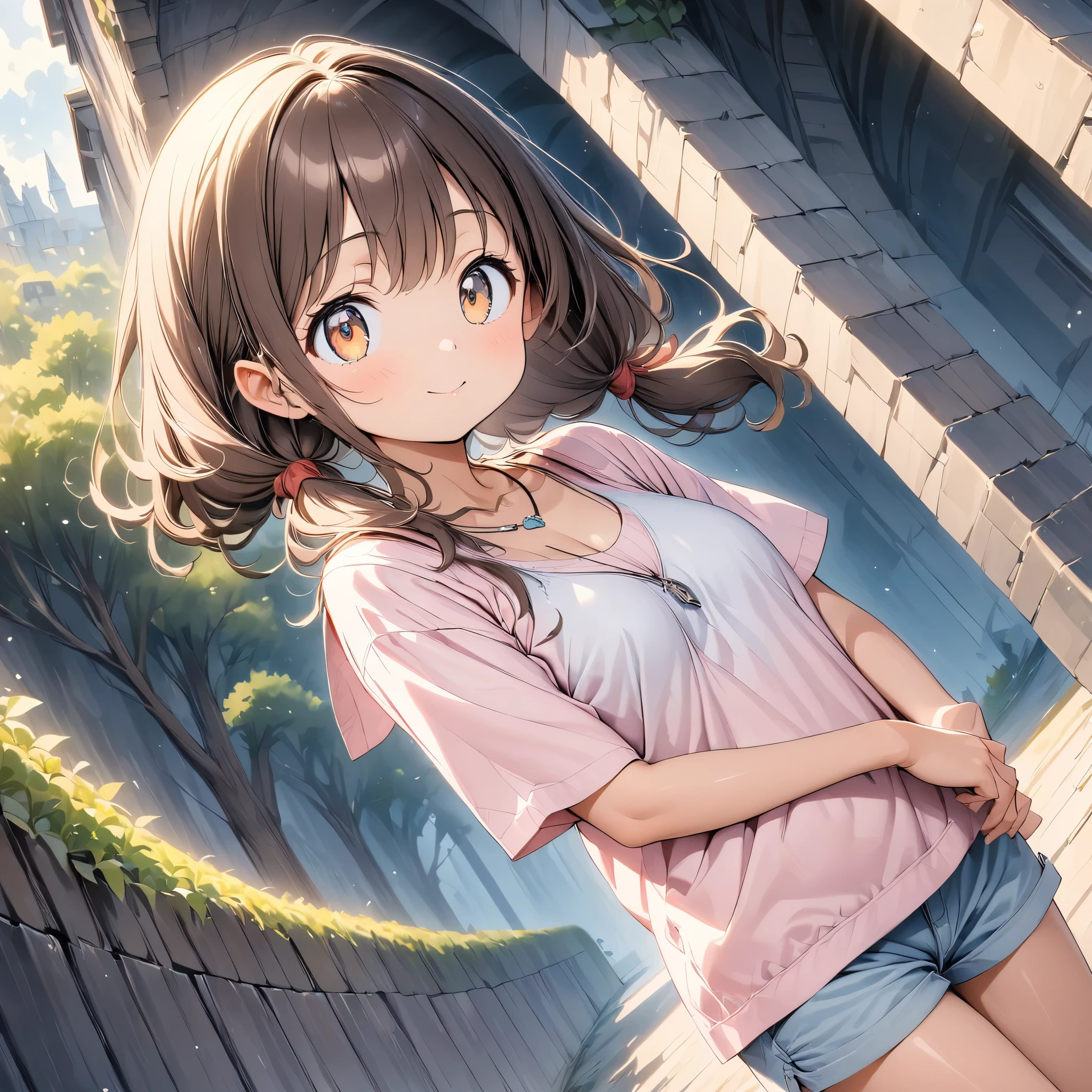 (Pastel color:1.3), (child:0.9), beautiful illustration, (perfect lighting, natural lighting), beautiful detailed hair, beautiful detailed face, beautiful detailed eyes, beautiful clavicle, beautiful body, beautiful chest, beautiful thigh, beautiful legs, beautiful hands, cute and symmetrical face, shiny skin, (detailed cloth texture:1.2), (beautiful scenery), (upper eyes), (dimple:1.5), (ultra illustrated style:1.3), (ultra detailed pantie:1.5), (beautiful faces detailed, real human skin:1.2), 
(black hoodies:1.5), (short pants:2.0),
(1 girl:1.4), (9 years old, height 1.2meters, chubby 28kg, tareme:1.3), (orange eyes with a hint of pink:1.3), (dark brown hair:1.7), (straight hair:1.7), (low twintails:1.7), (red hair tie:1.7), (large and soft breasts, Slender body, Small Ass:1.7), small nipples, fair skin, (necklace), (Droopy eyes:1.2), 
(dynamic angle, sexypose:1.4), side view, (from bellow:1.8), full body, 
elicate details, depth of field, best quality, anatomically correct, high details, HD, 8k,
