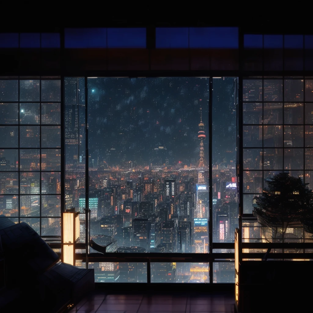 arafed view of a city at night from a window, set in tokyo rooftop, tokyo anime scene, heavy rainning at tokyo night, tokyo background, on future tokyo night rooftop, japan at night, tokyo in the background, on rooftop tokyo night, tokyo futuristic and clean, tokyo japan, neo tokyo background, japanese city at night, tokyo futuristic in background, reality photographic quality, masterpiece,