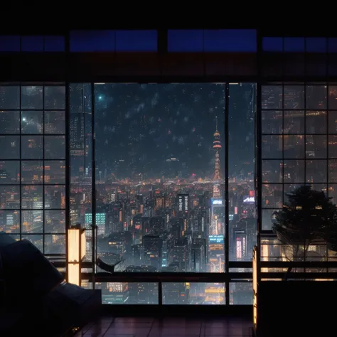arafed view of a city at night from a window, set in tokyo rooftop, tokyo anime scene, heavy rainning at tokyo night, tokyo back...
