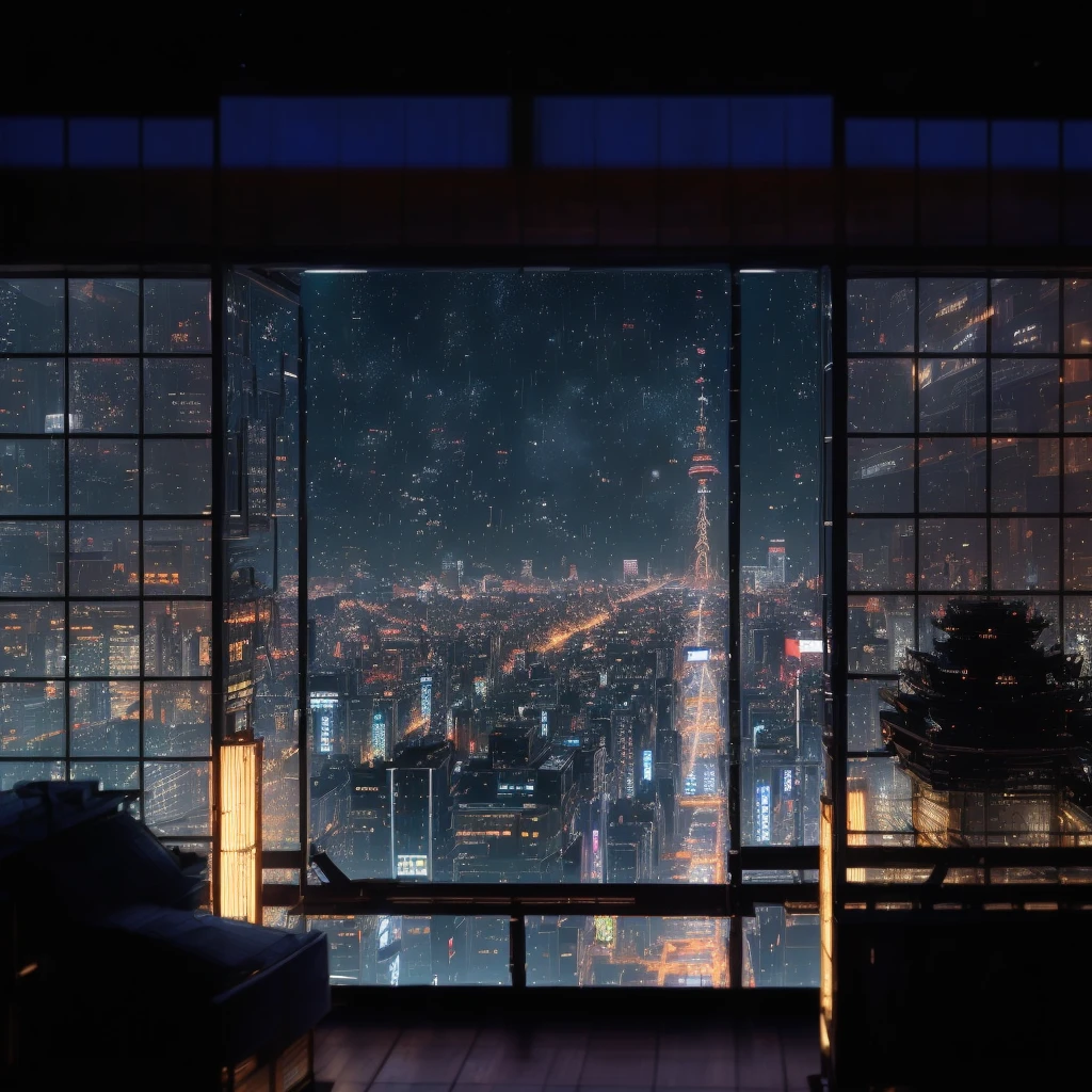 arafed view of a city at night from a window, set in tokyo rooftop, tokyo anime scene, heavy rainning at tokyo night, tokyo background, on future tokyo night rooftop, japan at night, tokyo in the background, on rooftop tokyo night, tokyo futuristic and clean, tokyo japan, neo tokyo background, japanese city at night, tokyo futuristic in background, reality photographic quality, masterpiece,