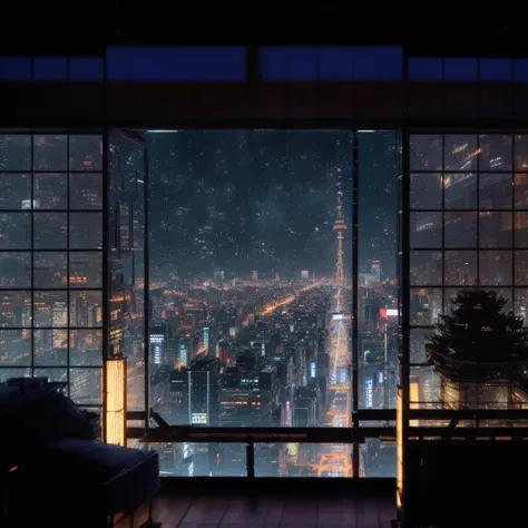 arafed view of a city at night from a window, set in tokyo rooftop, tokyo anime scene, heavy rainning at tokyo night, tokyo back...