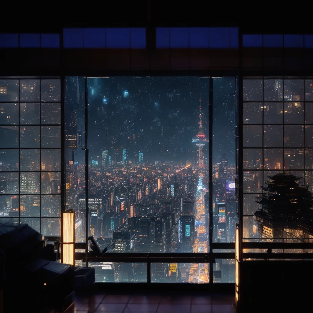 arafed view of a city at night from a window, set in tokyo rooftop, tokyo anime scene, heavy rainning at tokyo night, tokyo background, on future tokyo night rooftop, japan at night, tokyo in the background, on rooftop tokyo night, tokyo futuristic and clean, tokyo japan, neo tokyo background, japanese city at night, tokyo futuristic in background, reality photographic quality, masterpiece,