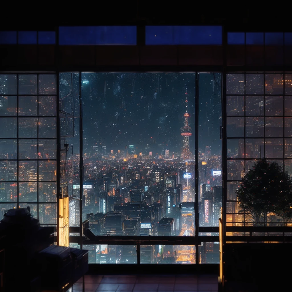 arafed view of a city at night from a window, set in tokyo rooftop, tokyo anime scene, heavy rainning at tokyo night, tokyo background, on future tokyo night rooftop, japan at night, tokyo in the background, on rooftop tokyo night, tokyo futuristic and clean, tokyo japan, neo tokyo background, japanese city at night, tokyo futuristic in background, reality photographic quality, masterpiece,