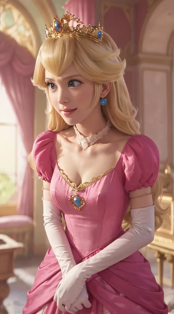 (Dentro de un entorno de castillo,)  Una princesa Peach con un hermoso vestido de terciopelo rosa intenso., ella es gentil y compasiva y se la muestra sonriendo gentilmente., Mide más de 6 pies de altura y usa una corona dorada sobre su cabello rubio y guantes de terciopelo blanco.. Con un enfoque en su gran pecho atractivo, (pecho grande, escote, (she is dipicted leaning forward showing off her escote)), ella está representada en un primer plano desde abajo.