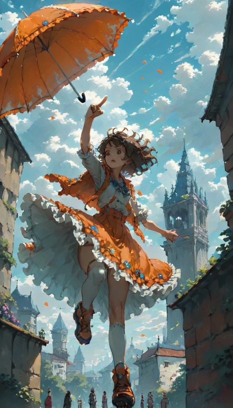quality\(8k,Highly detailed CG unit wallpaper, masterpiece,High resolution,top-quality,top-quality real texture skin,surreal,Increase the resolution,RAW Photos,highest quality,Very detailed,wallpaper\),BREAK、((One girl pointing at an umbrella instead of a parachute、pretty girl、Pointing to a large umbrella、Gripping the umbrella tightly、Brown Hair、Spiky Hair))、BREAK、((Girl falling from the sky、A girl falling with the buoyancy of an umbrella、Perfectly calculated Spiky Hair、Skirt that flips up))、BREAK、Wide sky、Blue sky、Orange roofs spreading out below、Blurred background