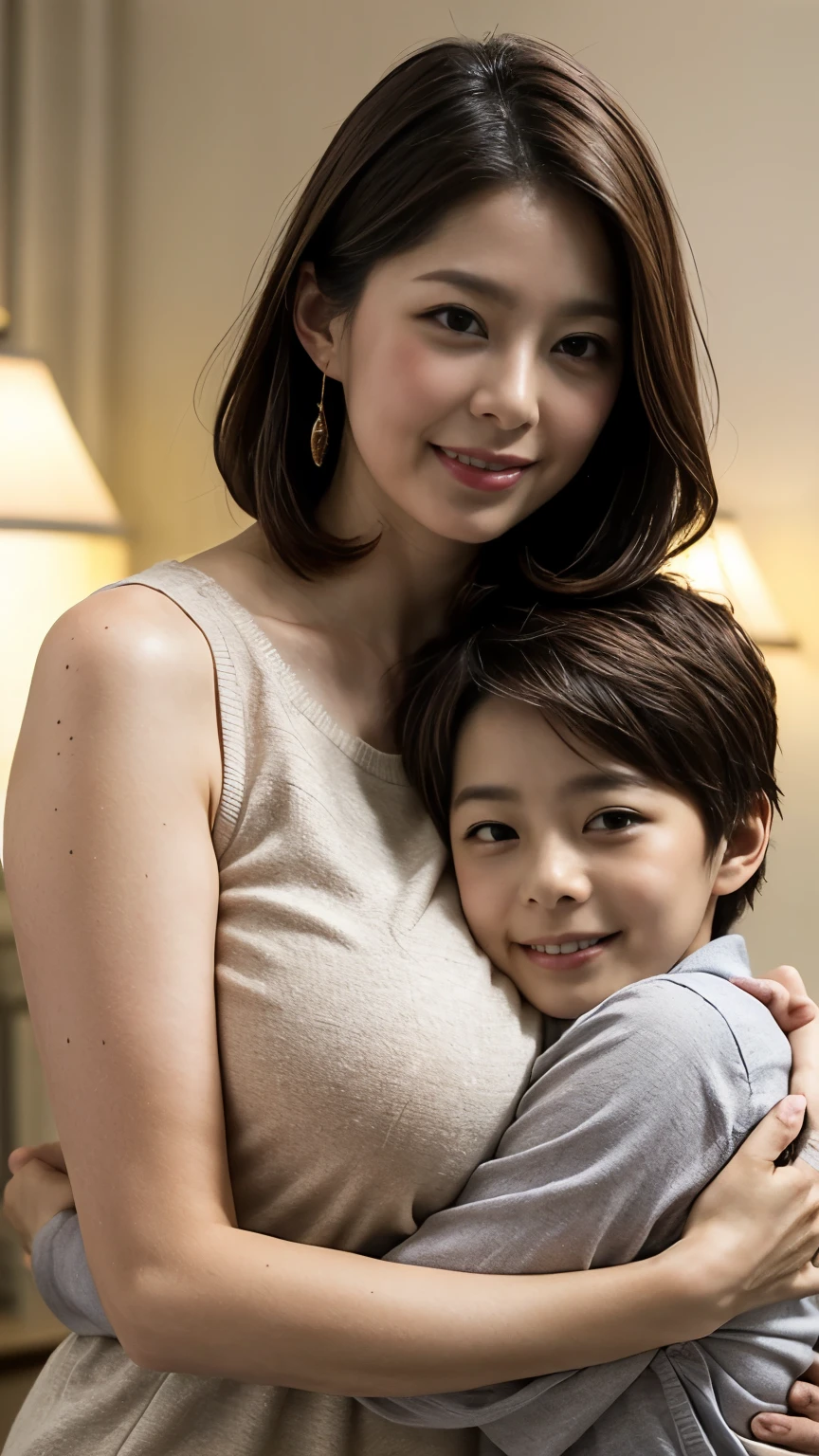 realistic, photo-realistic, masterpiece, best quality, RAW photo, high resolution, intricate details, looking at viewer, couple, (1boy,shota,son:1.5), (1mom, a 41 years old Japanese mature woman, wearing a sleeveless sweater, sexy body), (mom and son hugging each other:1.5), (seducing her son in a sexy atmosphere), (huge breasts, softly squashed breasts, squishy breasts), fine-textured skin,pale skin, shiny skin, sweaty, smile, photo background, indoors, home, children's room,