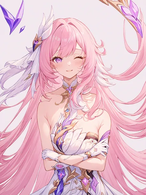 one girl, elysia \(honkai impact\), alone, close one eye, white gloves, gloves, dress, view your viewers, smile, white dress, mo...