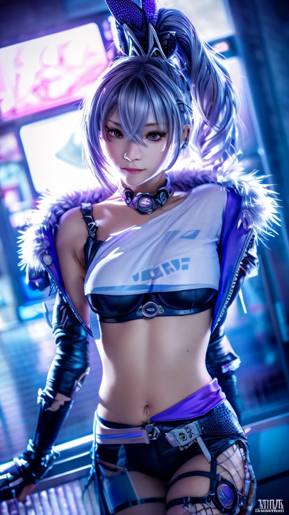 (Masterpiece, Highest Quality)
1. Character: Cyberpunk Silverwolf - Kiana Kaslana from Honkai: Star Rail
   Description: Stripped down yet demure, this captivating character reveals her radiant naked body adorned with her unique bandaged bust, exuding a delicate contrast between her fierce demeanor and underlying vulnerability.
   Art Style: Ultra-realistic CG, featuring intricate light and shadow, vibrant colors, detailed textures, and mesmerizing silver fur. Her piercing eyes sparkle with an inner strength that captivates the viewer.
   Setting: A moonlit cyberpunk cityscape, where the