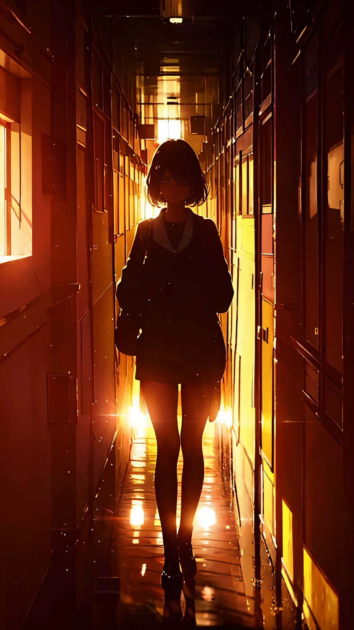 girl walking in school hallway, late afternoon, beautiful, detailed face, beautiful eyes, beautiful lips, long eyelashes, , book bag, sunlight streaming through windows, warm lighting, cinematic composition, highly detailed, photorealistic, 8k, masterpiece, painting, digital art