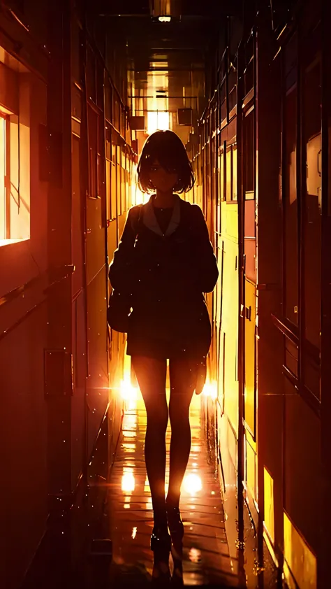 girl walking in school hallway, late afternoon, beautiful, detailed face, beautiful eyes, beautiful lips, long eyelashes, , book...