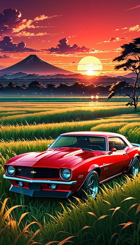 anime landscape of A red classic Camaro sits in a field of tall grass with a sunset in the background.beautiful anime scene, bea...