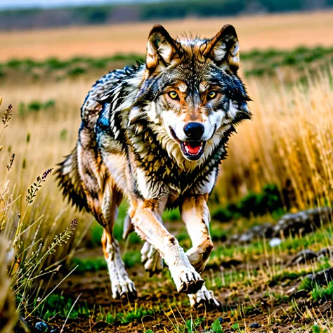 Professional photography, wolf, running, field, open field