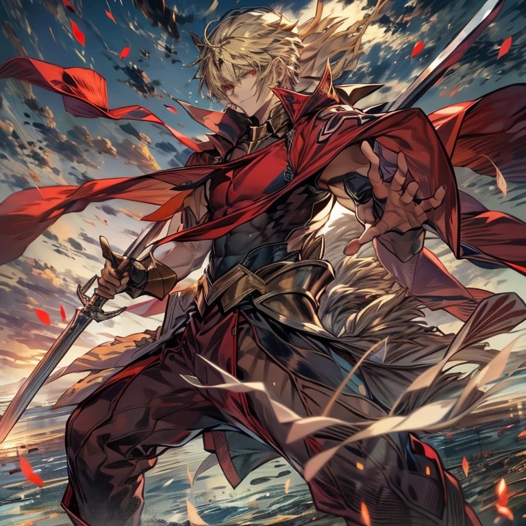 8K, Mouthpiece, ((One beautiful man)),((Fate Stay Night Drawing)), Gilgamesh Male Solo, Emperor, whole body, Fighting on a Desolate Hill, Visibility is poor due to dust, ((One beautiful man)), ((Red eyes)), Long Hair, blonde, Wrap a turban around your head, (background: Countless swords floating in the air, All facing the same direction, Different types of swords),